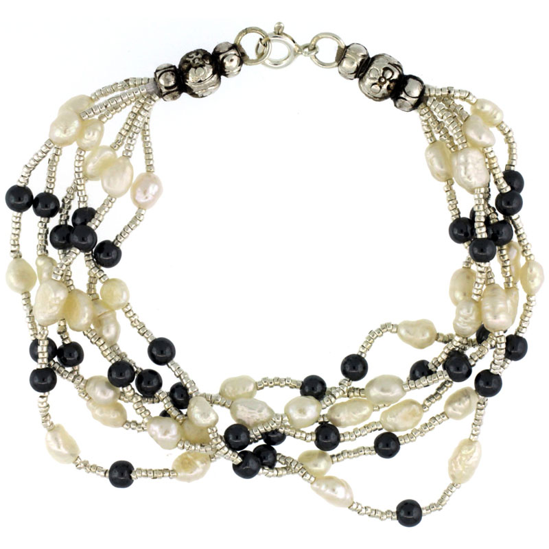 7 1/2 in. Sterling Silver 6-Strand Bead Bracelet w/ Freshwater Pearls & Hematite Beads