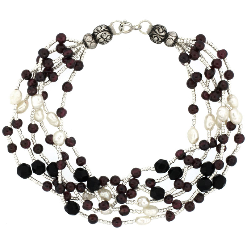 7 1/2 in. Sterling Silver 6-Strand Bead Bracelet w/ Freshwater Pearls, Black Onyx Stones & Garnet Beads