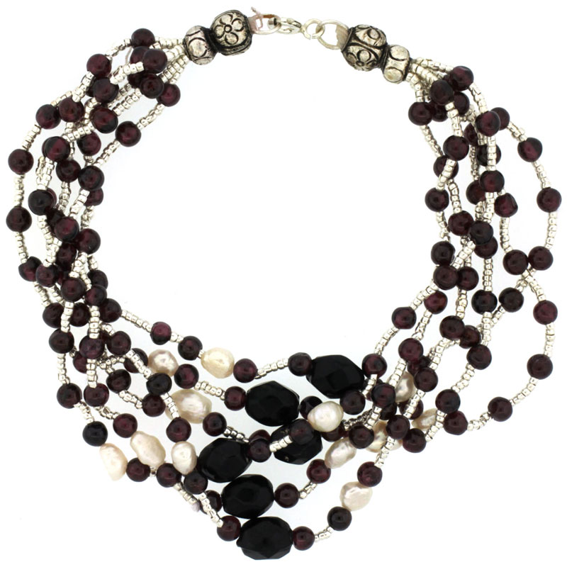 8 1/2 in. Sterling Silver 6-Strand Bead Bracelet w/ Freshwater Pearls, Black Onyx Stones & Garnet Beads