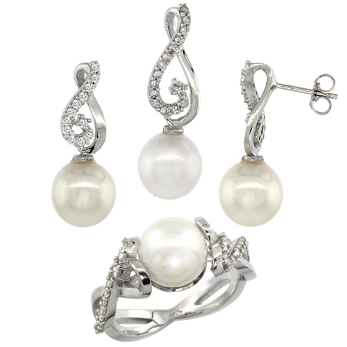 14k White Gold Heart-shaped Loop Pearl Ring, Earrings & Necklace Set w/ 0.72 Carat Brilliant Cut ( H-I Color; VS2-SI1 Clarity ) Diamonds & 9mm White Pearls, 11/32 in. (9mm) wide