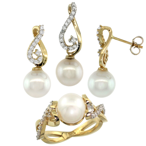 14k Gold Heart-shaped Loop Pearl Ring, Earrings & Necklace Set w/ 0.72 Carat Brilliant Cut ( H-I Color; VS2-SI1 Clarity ) Diamonds & 9mm White Pearls, 11/32 in. (9mm) wide
