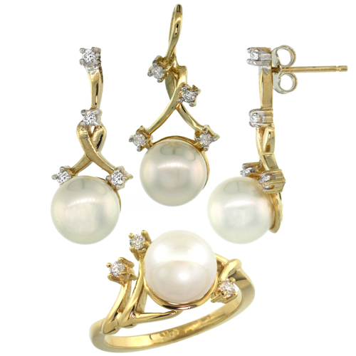 14k Gold Diamond Vine Pearl Ring, Earrings & Necklace Set w/ 0.295 Carat Brilliant Cut ( H-I Color; VS2-SI1 Clarity ) Diamonds & 8-9mm White Pearls, 11/32 in. (9mm) wide