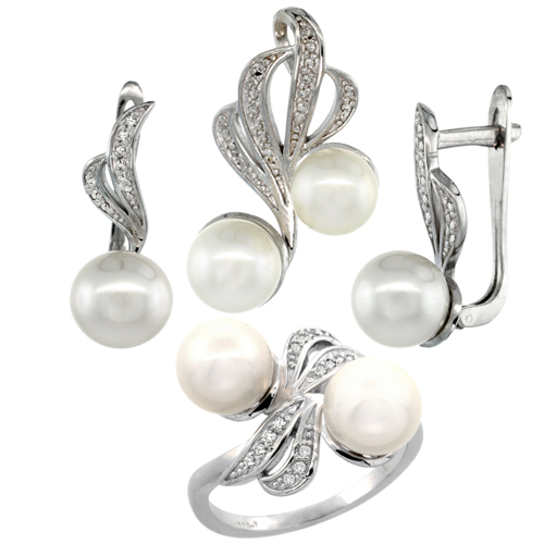 14k White Gold Ribbon Pearl Ring, Earrings & Necklace Set w/ 0.22 Carat Brilliant Cut ( H-I Color; VS2-SI1 Clarity ) Diamonds & 8-9mm White Pearls, 11/32 in. (9mm) wide