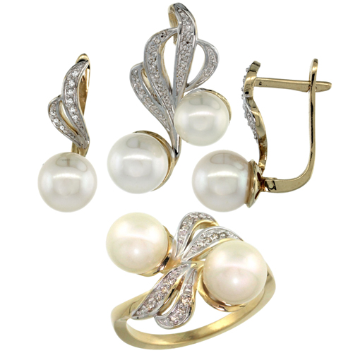 14k Gold Ribbon Pearl Ring, Earrings & Necklace Set w/ 0.22 Carat Brilliant Cut ( H-I Color; VS2-SI1 Clarity ) Diamonds & 8-9mm White Pearls, 11/32 in. (9mm) wide