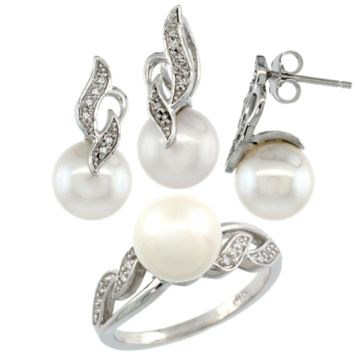 14k White Gold Wavy Pearl Ring, Earrings & Necklace Set w/ 0.125 Carat Brilliant Cut ( H-I Color; VS2-SI1 Clarity ) Diamonds & 9mm White Pearls, 11/32 in. (9mm) wide