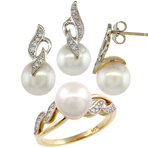 14k Gold Wavy Pearl Ring, Earrings & Necklace Set w/ 0.125 Carat Brilliant Cut ( H-I Color; VS2-SI1 Clarity ) Diamonds & 9mm White Pearls, 11/32 in. (9mm) wide