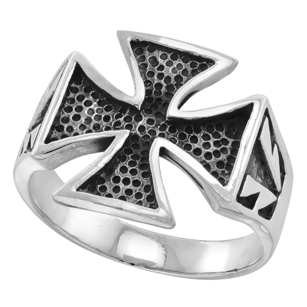 Sterling Silver Maltese Cross Ring for Men Hammered Oxidized Lightning Symbol sides 3/4 inch wide sizes 9-14