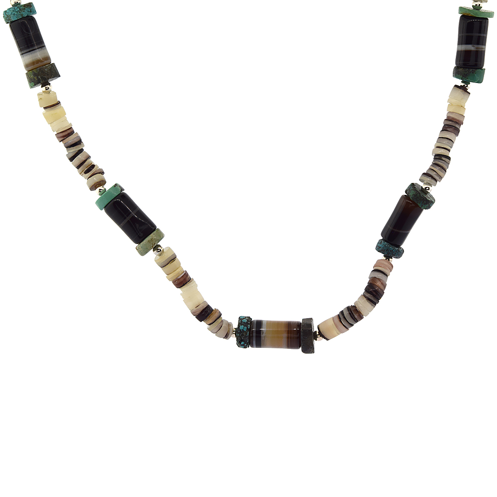 Nylon Necklace Sterling Silver Accents, Multi color Shell & Natural Turquoise Stones