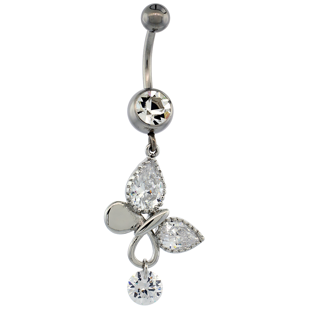 Surgical Steel Barbell Butterfly Belly Button Ring w/ Crystals, 1 1/2 inch
