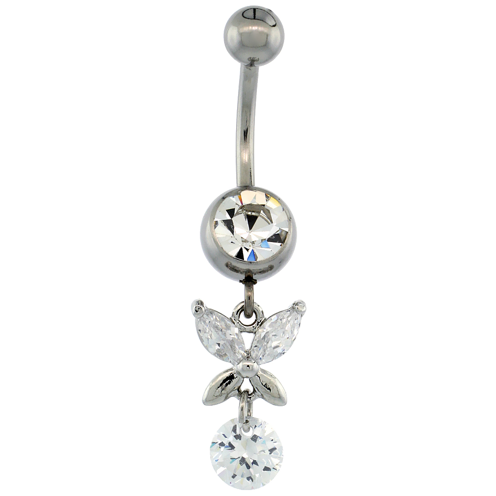 Surgical Steel Barbell Butterfly Belly Button Ring w/ Crystals, 1 inch
