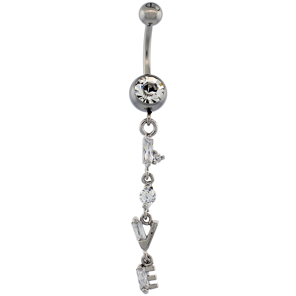 Surgical Steel Barbell Dangle LOVE Belly Button Ring w/ Crystals, 1 3/4 inch