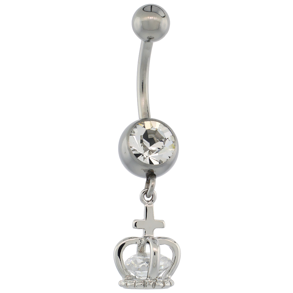 Surgical Steel Barbell King Crown Belly Button Ring w/ Crystals, 7/8 inch