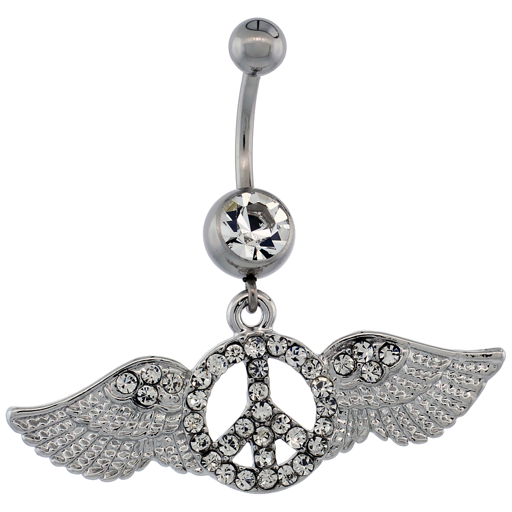 Surgical Steel Barbell Peace Sign Belly Button Ring w/ Crystals, 1 3/4 inch wide,