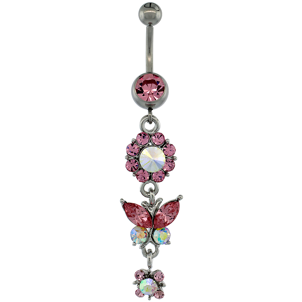 Surgical Steel Barbell Dangle Flower & Butterfly Belly Button Ring w/ Pink Crystals, 2 5/16 inch