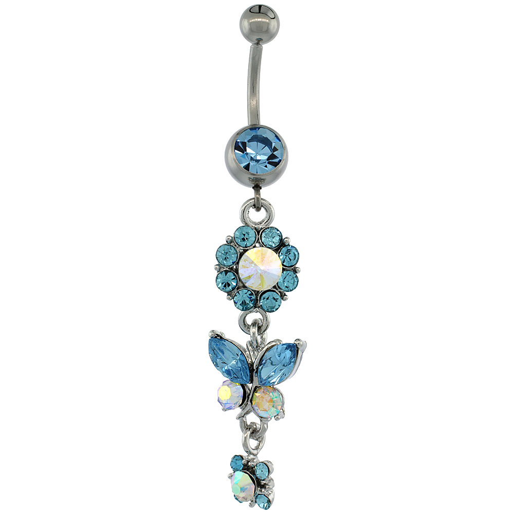 Surgical Steel Barbell Dangle Flower & Butterfly Belly Button Ring w/ Blue Crystals, 2 5/16 inch