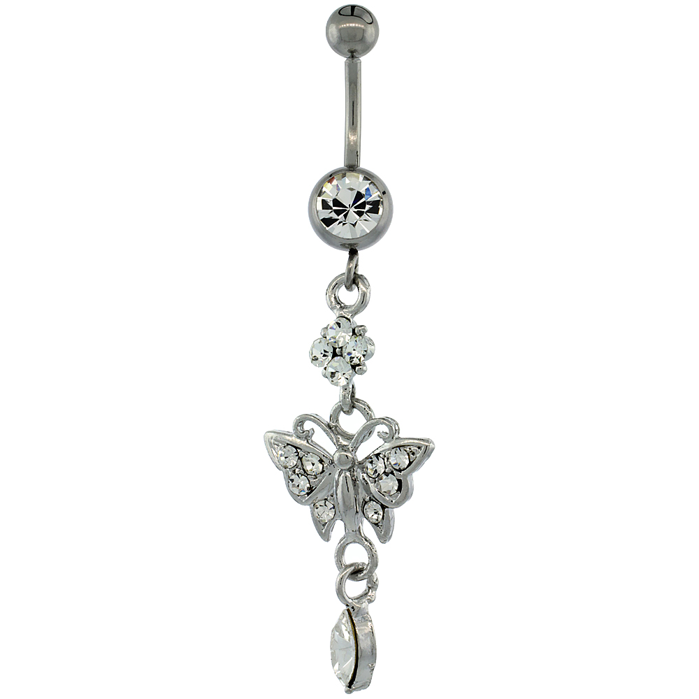 Surgical Steel Barbell Dangle Butterfly Belly Button Ring w/ Crystals, 2 5/16 inch