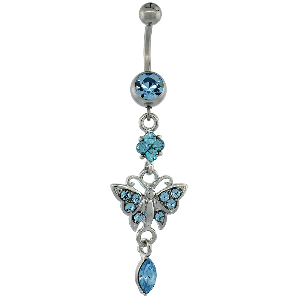 Surgical Steel Barbell Dangle Butterfly Belly Button Ring w/ Blue Crystals, 2 5/16 inch