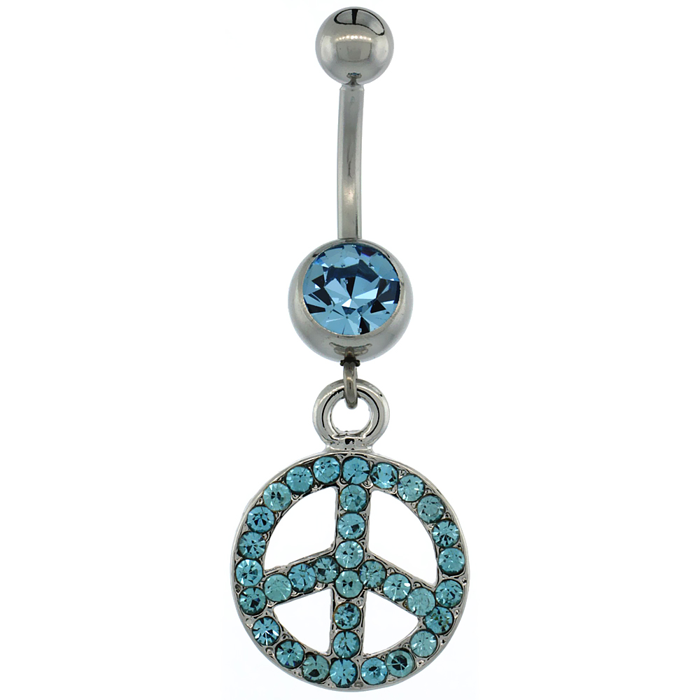 Surgical Steel Barbell Dangle Peace Sign Belly Button Ring w/ Blue Crystals, 1 1/2 inch