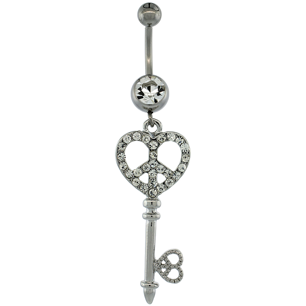 Surgical Steel Barbell Dangle KEY Peace Sign Belly Button Ring w/ Crystals, 2 5/16 inch