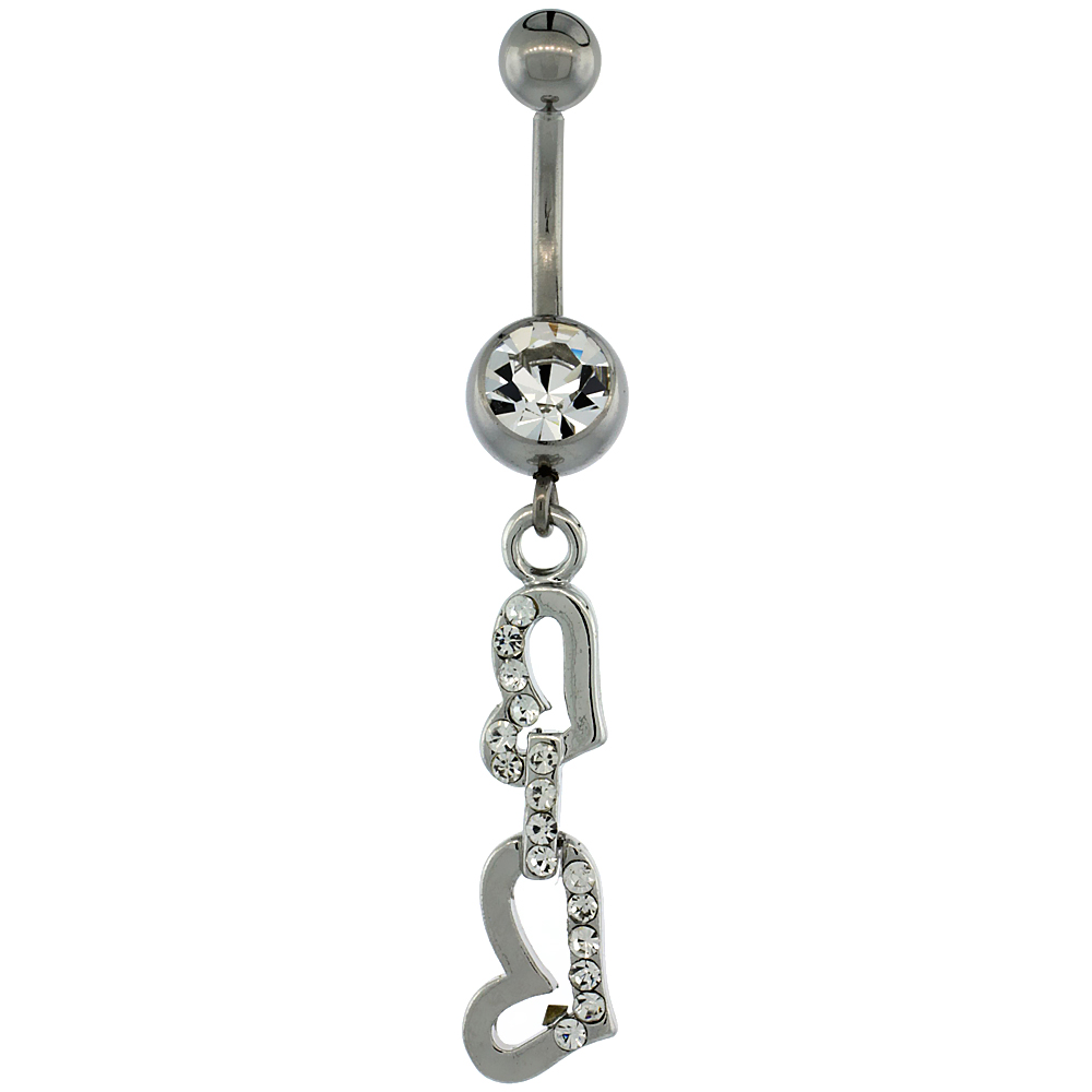 Surgical Steel Barbell Dangle Double Heart Belly Button Ring w/ Crystals, 1 3/4 inch
