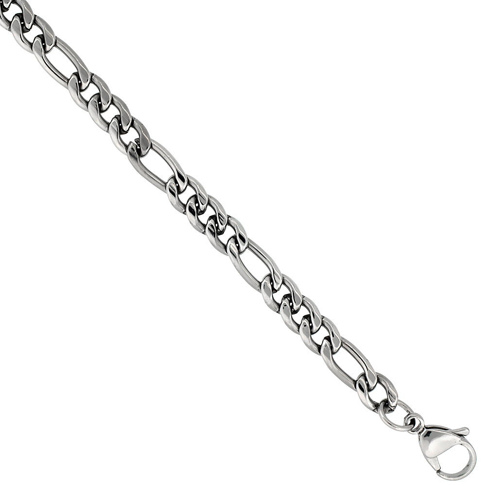 Stainless Steel Figaro Chain Necklace 6 mm wide, sizes 20, 22, 24 & 30 inch