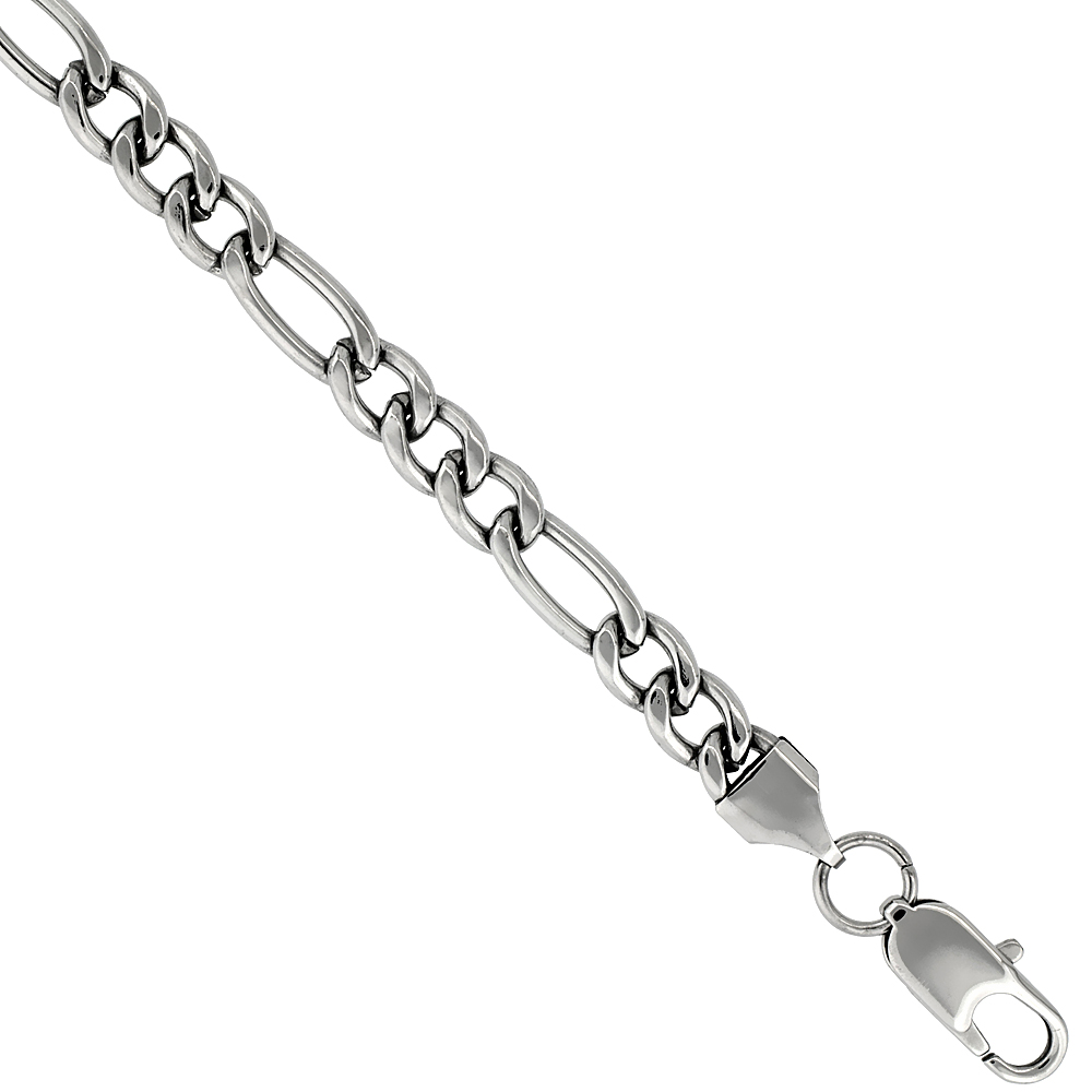 Stainless Steel Figaro Chain Necklace 7 mm wide, sizes 20, 22, 24 & 30 inch
