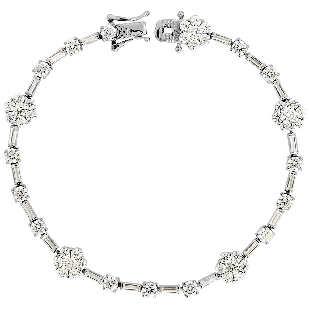 Sterling Silver Round Floral & Baguette Cubic Zirconia Tennis Bracelet Rhodium Finish, 7.5 inch long