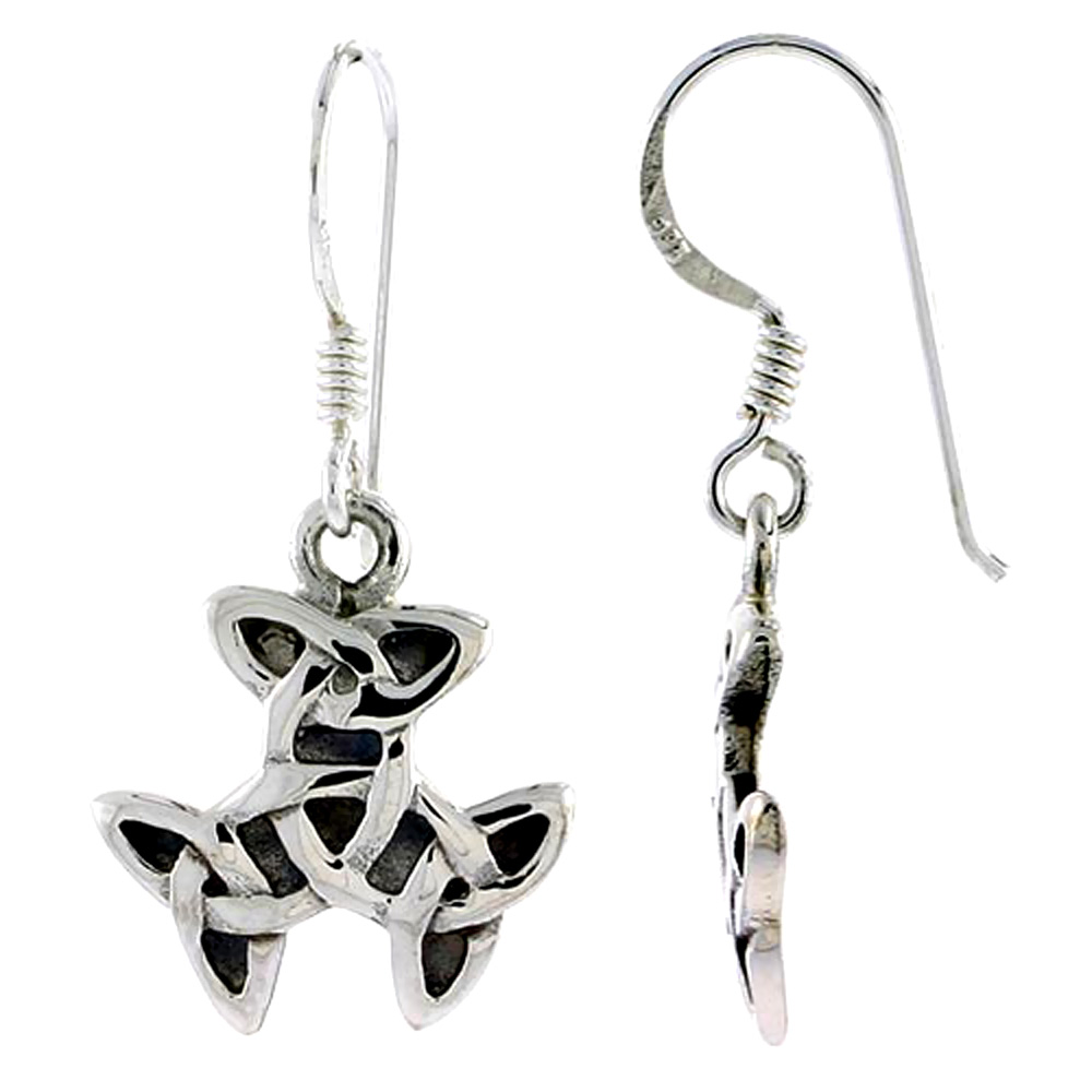 Sterling Silver Triquetra Celtic Trinity Knot Earrings Dangling Fishhook Oxidized Finish Women 5/8 inch long