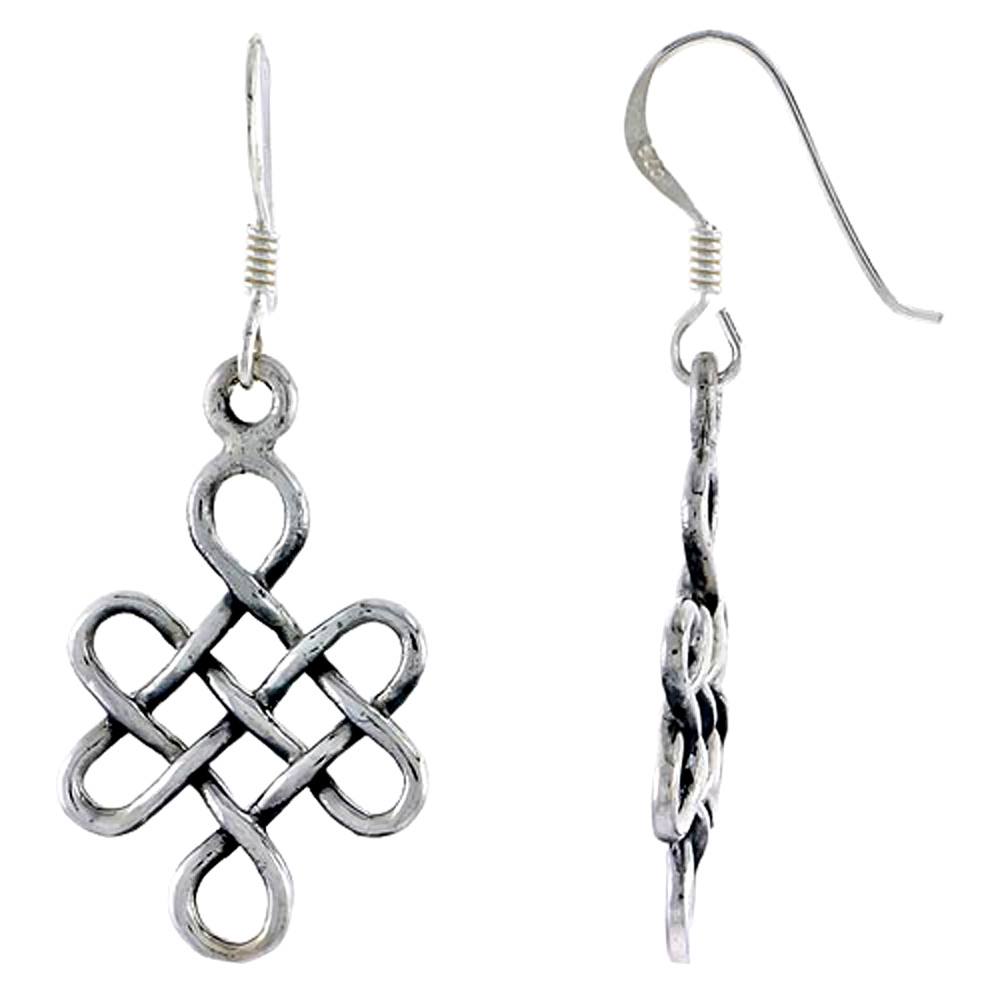 Sterling Silver Celtic Elongated Love Knot Earrings Dangling Fishhook Oxidized Finish Women 1 inch long