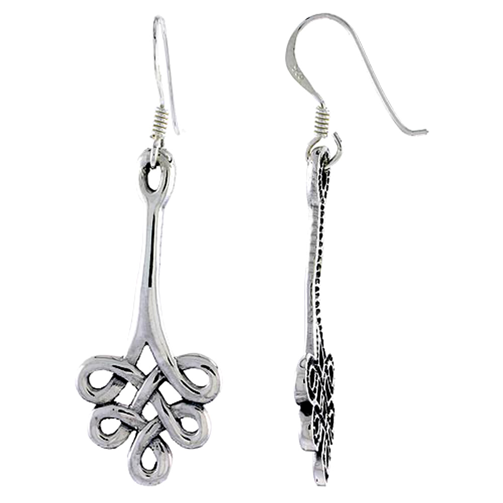 Sterling Silver Endless Knot Celtic Earrings Dangling Fishhook Oxidized Finish Women 1 1/4 inch long