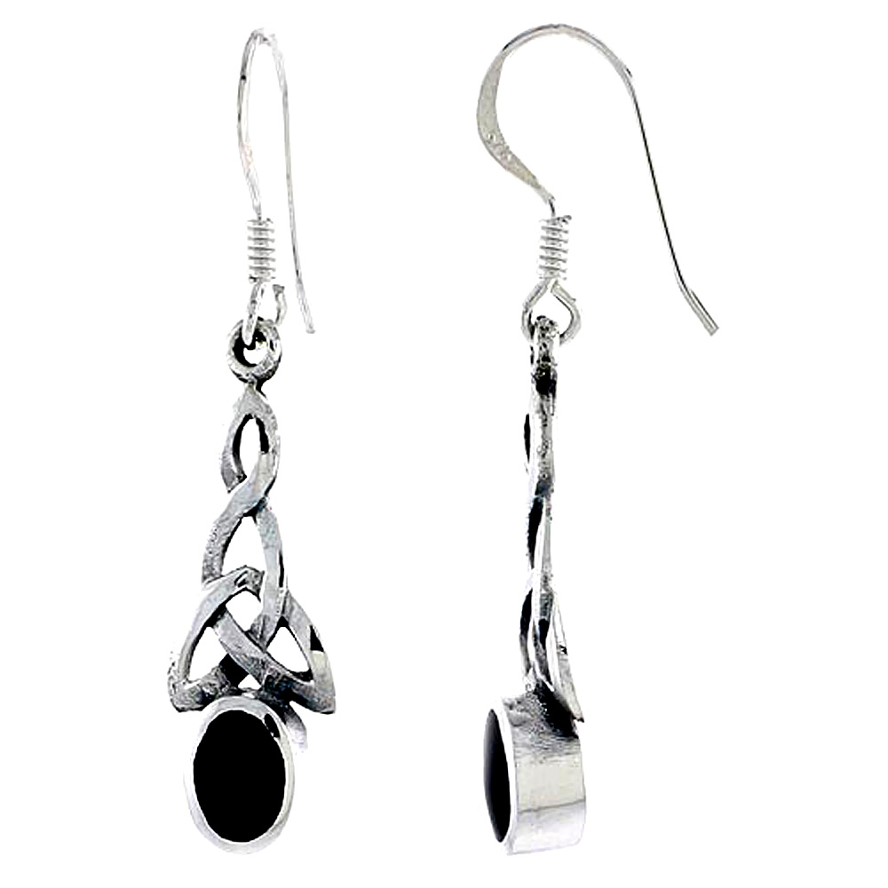 Sterling silver Trinity Symbol Triquetra Celtic Earrings Oval Black Onyx Dangling Fishhook Oxidized Finish Women 1 inch long