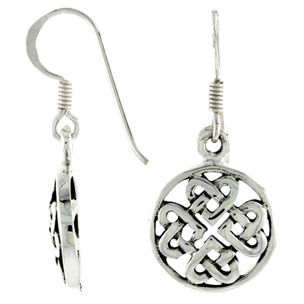 Sterling Silver Four Hearts Squared Celtic Love Knot Earrings Dangling Fishhook Oxidized Finish Women 5/8 inch long
