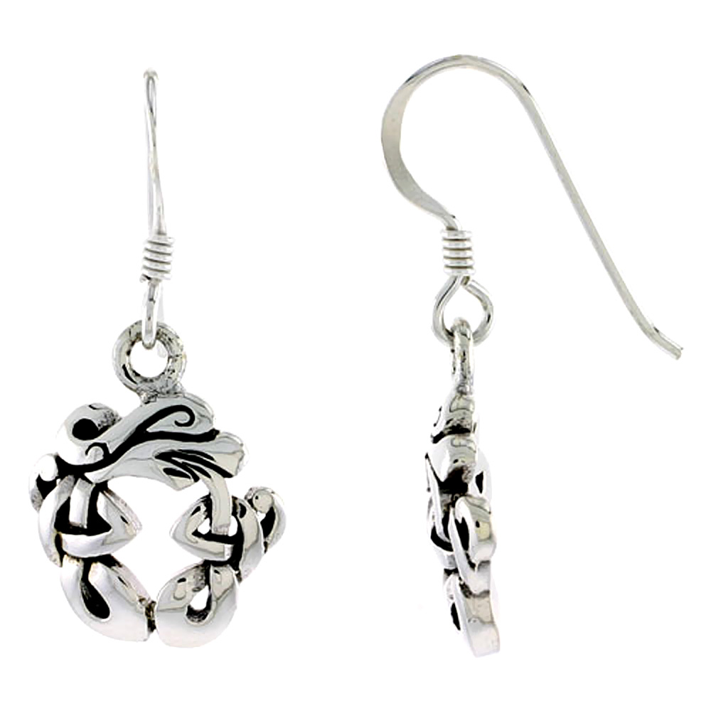 Sterling Silver Celtic Round Knot Earrings Dangling Fishhook Oxidized Finish Women 5/8 inch long