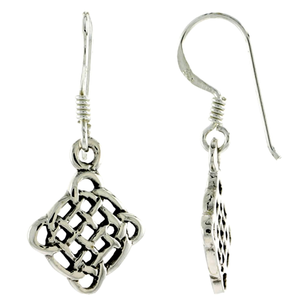 Sterling Silver Celtic Quaternary Knot Earrings Dangling Fishhook Oxidized Finish Women 5/8 inch long