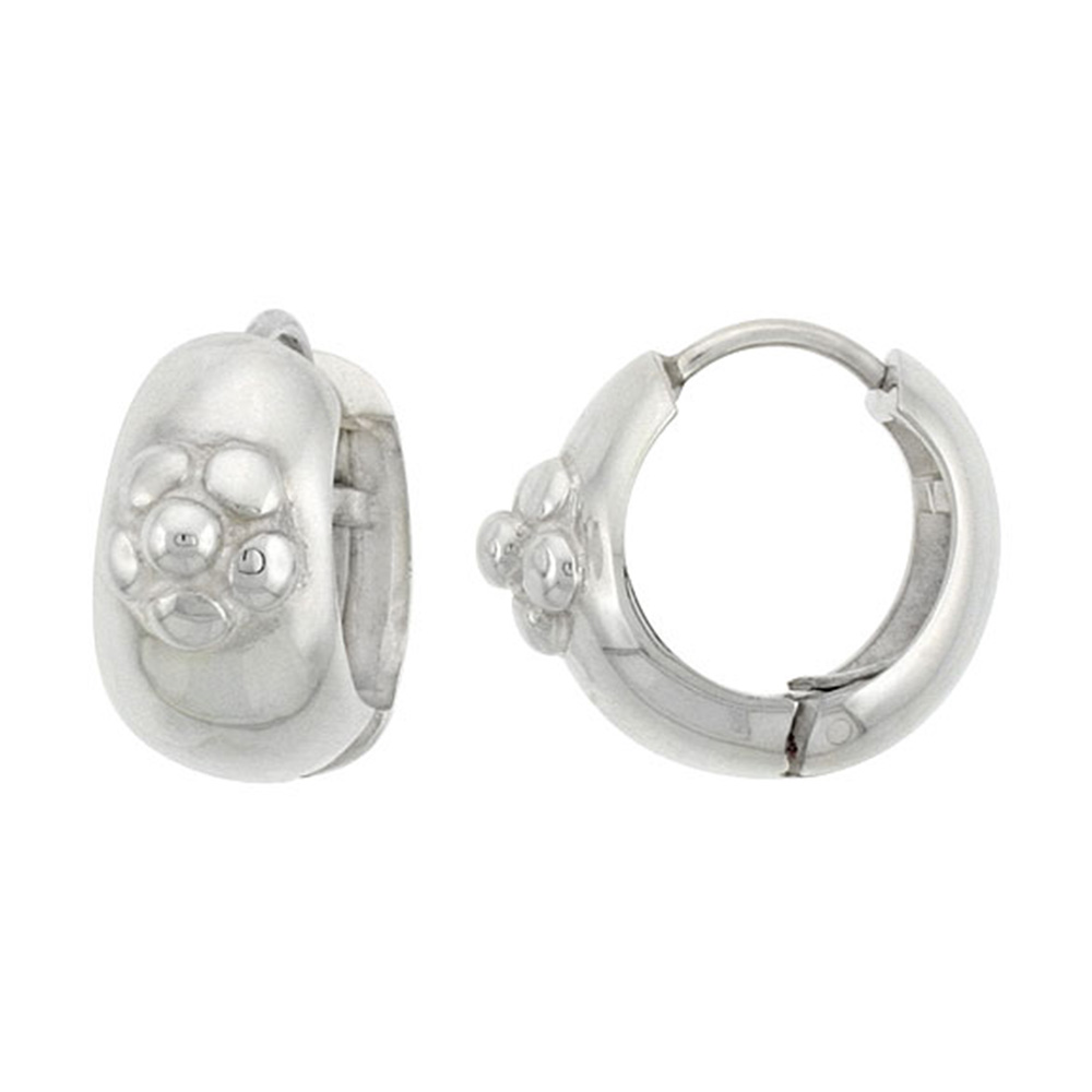 Sterling Silver Huggie Earrings w/ Flower Accent Flawless Finish 11/16 inch