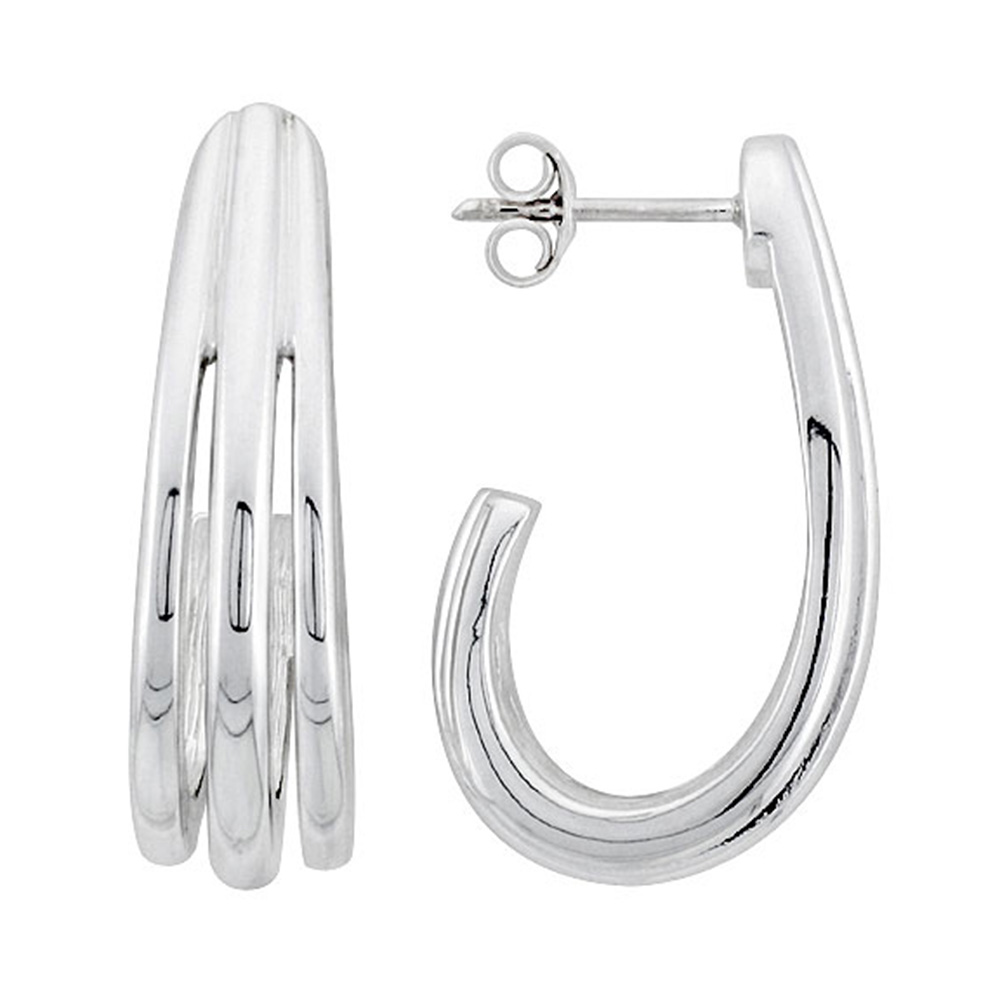 Sterling Silver Three-Strip J-shaped Post Earrings 1 1/8 inch wide