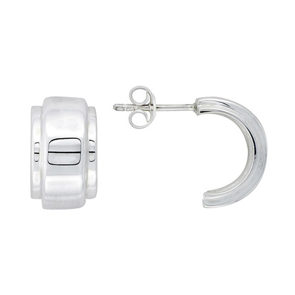 Sterling Silver Wide Raised Center Half Hoop Post Earrings 5/8 inch wide