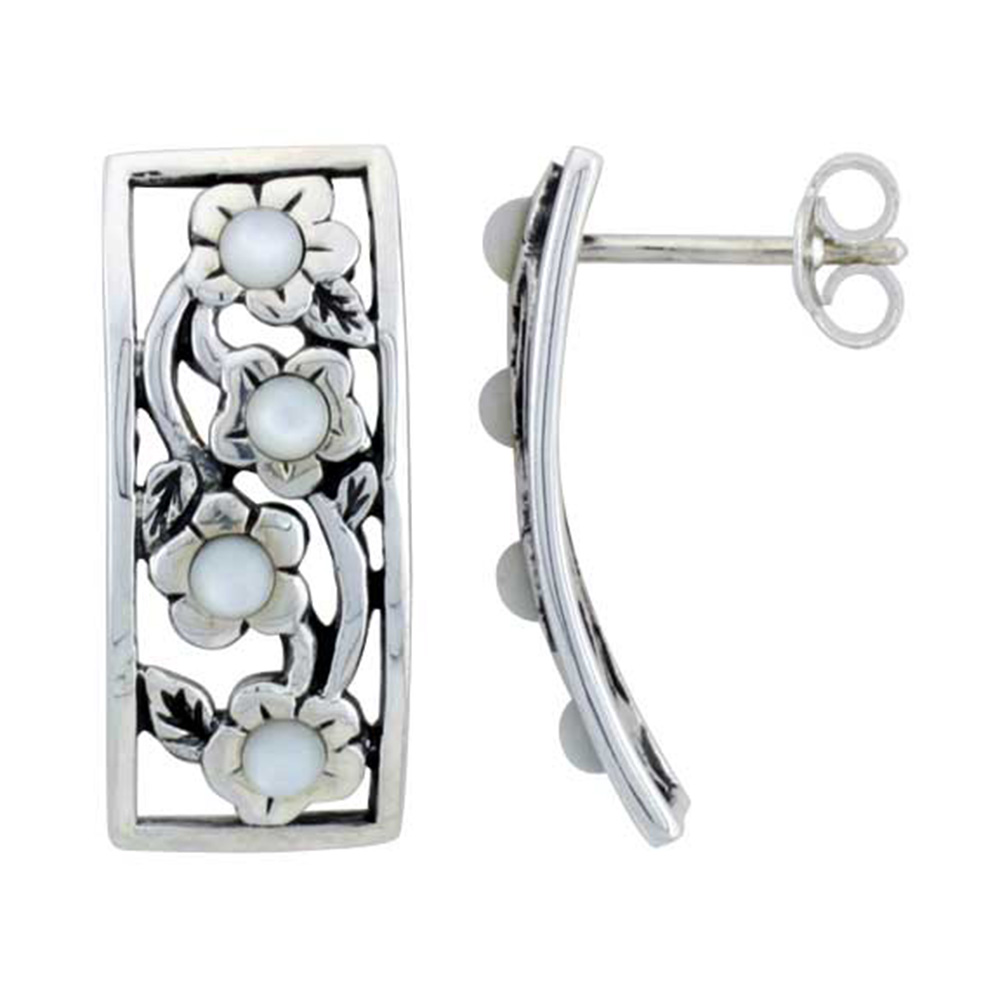 Sterling Silver Floral White Bead Rectangular Post Earrings 7/8 inch wide