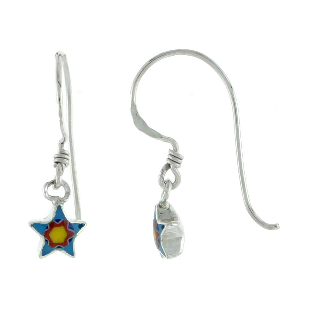 Dainty Sterling Silver Turquoise Sunflower Murano Glass Dangling Fishhook Murrine Millefiori Star Earrings for Women 1 inch long