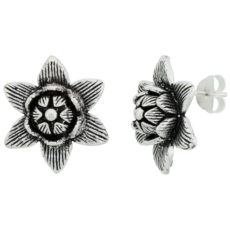 Sterling Silver Lotus Flower Earrings, 11/16 inch wide