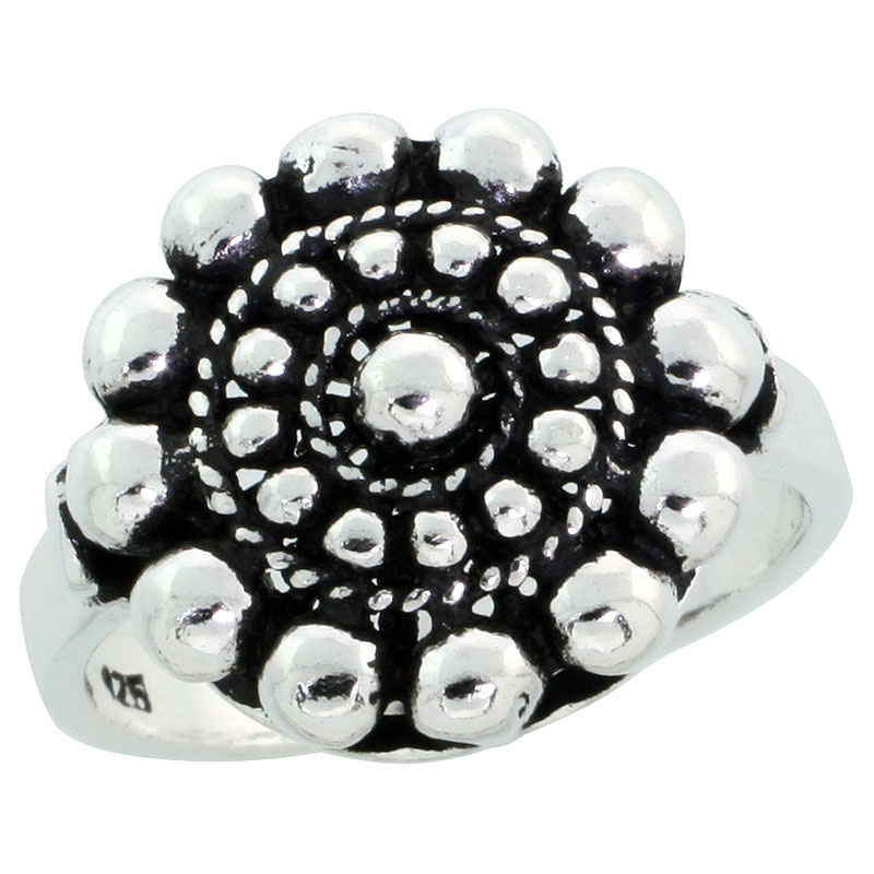 Sterling Silver Beaded Flower Ring, 11/16 inch wide, sizes 6 - 10