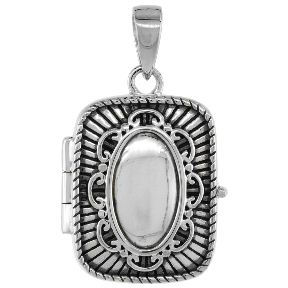 Small 3/4 inch Sterling silver Oval Embossed Center Rectangular Picture frame Locket Pendant for Women Flawless Polished Finish No Chain Included