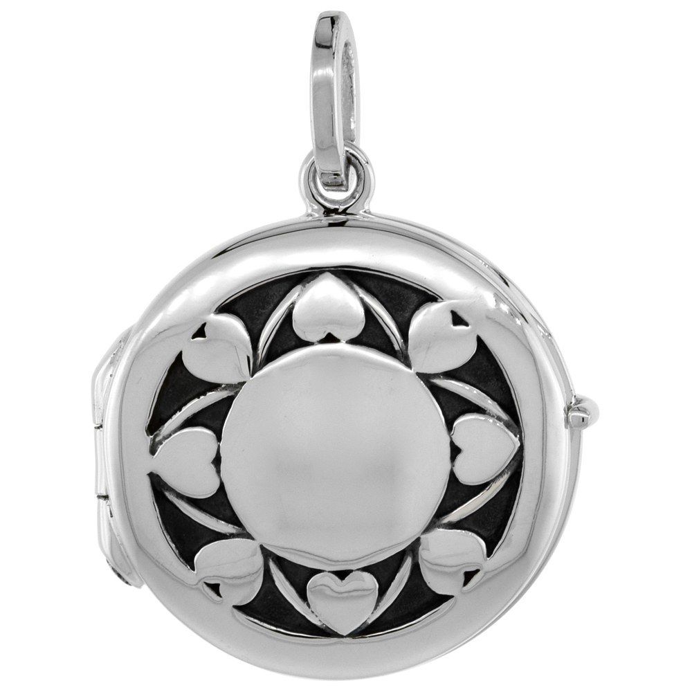 Small 3/4 inch Sterling silver Heart Pattern Round Locket Pendant for Women Flawless Polished Finish No Chain Included