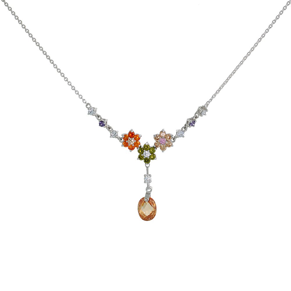 Sterling Silver Colored Cubic Zirconia Drop Necklace, 17 inches long