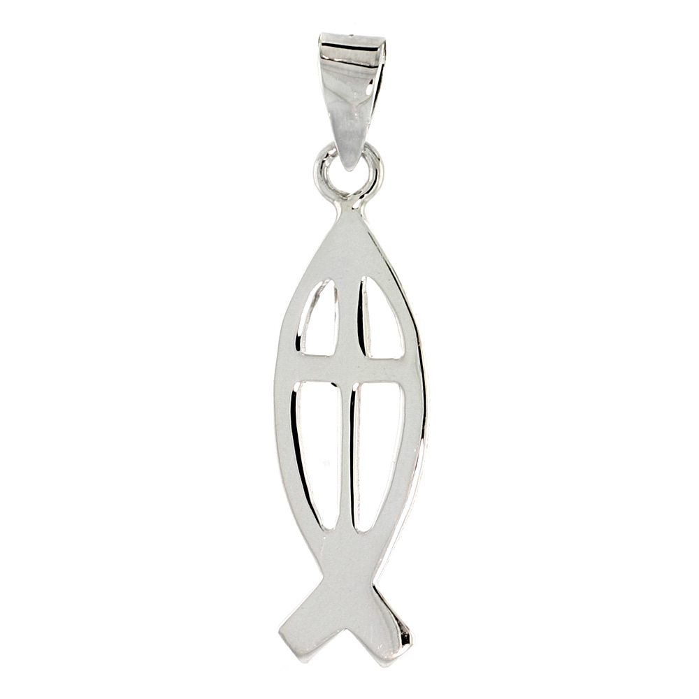 Sterling Silver Christian Fish Ichthys Pendant with Cross 1 1/8 inch long
