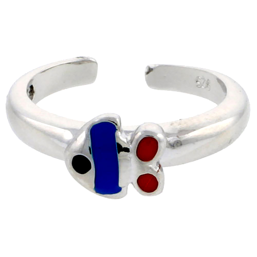 Sterling Silver Toe Ring Fish Ring Adjustable Blue & Red enameled 1/4 inch wide