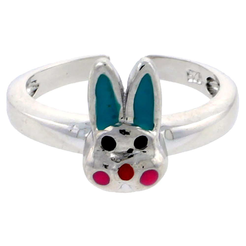 Sterling Silver Toe Ring Rabbit Ring Adjustable Aqua Green & Pink enameled 3/8 inch wide