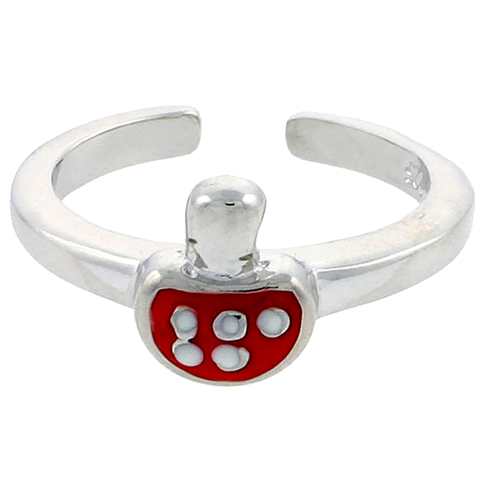 Sterling Silver Toe Ring Mushroom Ring Adjustable Red enameled 5/16 inch wide