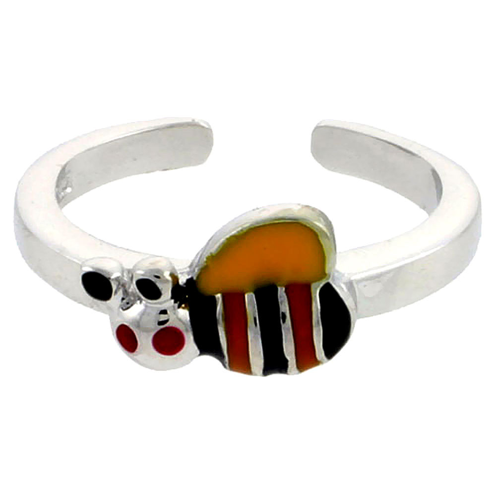Sterling Silver Toe Ring Bumble Bee Ring Adjustable Yellow Black & Orange enameled 1/4 inch wide