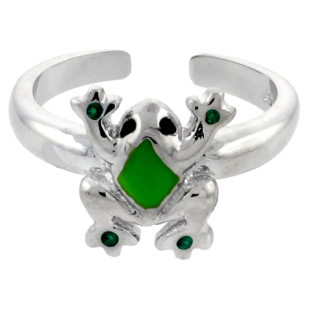 Sterling Silver Toe Ring Frog Ring Adjustable Green enameled 3/8 inch wide
